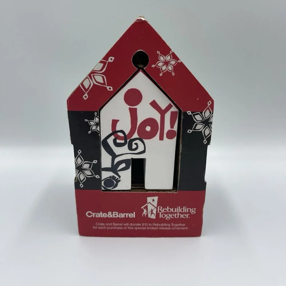2015 Crate & Barrel Jane Dixon Wooden House Christmas Ornament Hearts & Home